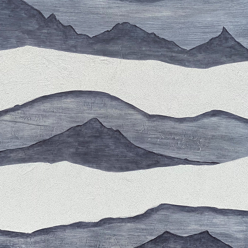 Detail shot of a painting featuring a stylized panorama of the Cascade Mountain range. Horizontal bands alternate between cool gray mountains and warm stone texture.