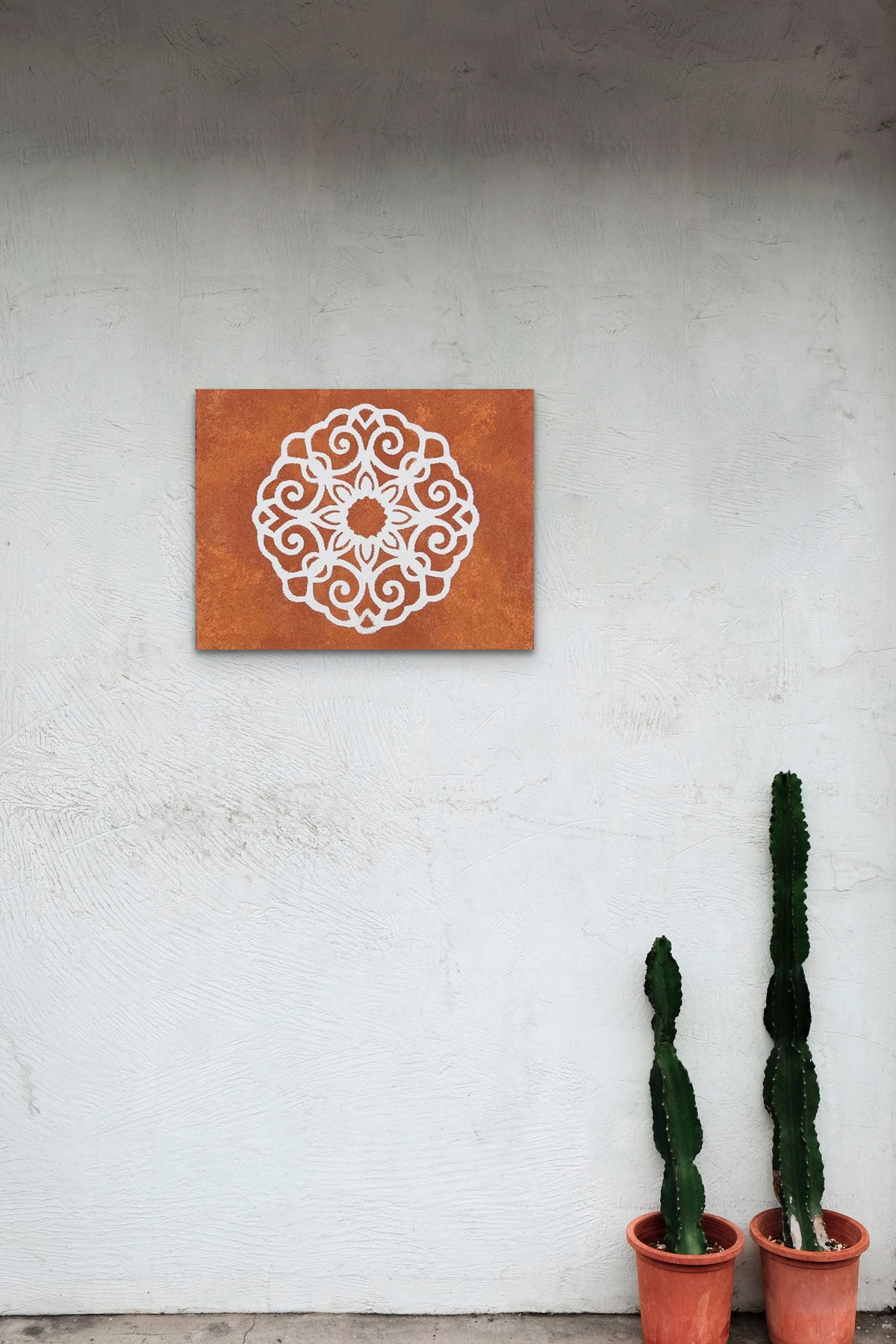 16&quot;x 20&quot;  Weathered Granite and Acrylic on Canvas.  A medallion inspired by an original Florentine tile painted on a terra-cotta colored granite base.  Great for an outdoor patio wall!  Painted by Monica Hampton